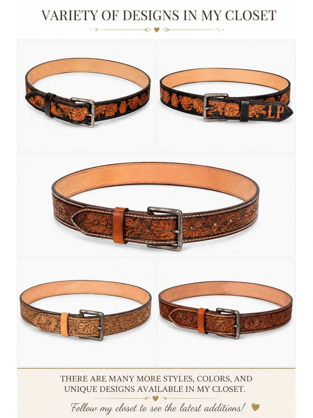 Tooled Leather Floral Belt - Black Tan handmade